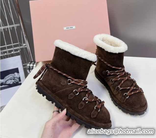 Charming Miu Miu Suede and Wool Laced-up Flat Ankle Boots Dark Brown MM102407 1024147 2025