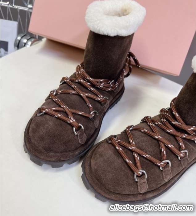 Charming Miu Miu Suede and Wool Laced-up Flat Ankle Boots Dark Brown MM102407 1024147 2025