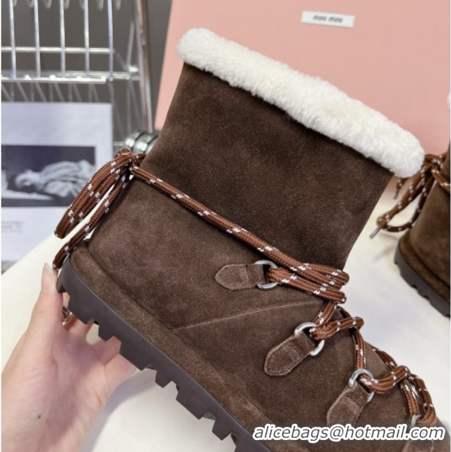 Charming Miu Miu Suede and Wool Laced-up Flat Ankle Boots Dark Brown MM102407 1024147 2025