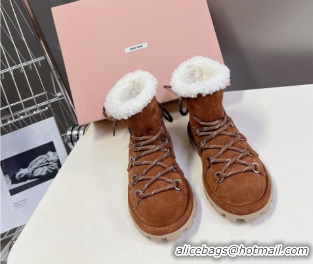 Sumptuous Miu Miu Suede and Wool Laced-up Flat Ankle Boots Brown MM102407 1024148 2025