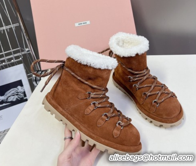 Sumptuous Miu Miu Suede and Wool Laced-up Flat Ankle Boots Brown MM102407 1024148 2025