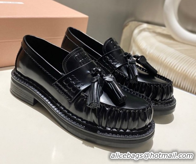 Good Quality Miu Miu Tassel Loafers in Polished Leather Black 2025 5D497E 1025003 2025