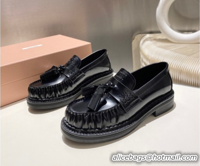 Good Quality Miu Miu Tassel Loafers in Polished Leather Black 2025 5D497E 1025003 2025