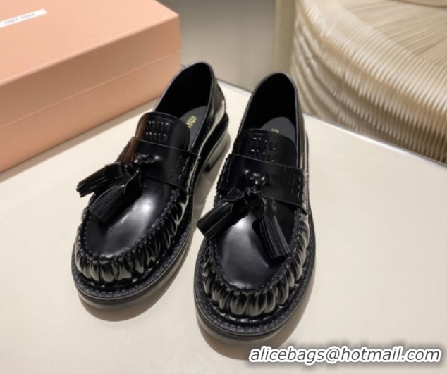 Good Quality Miu Miu Tassel Loafers in Polished Leather Black 2025 5D497E 1025003 2025
