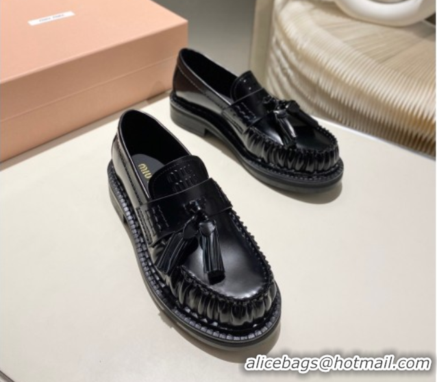 Good Quality Miu Miu Tassel Loafers in Polished Leather Black 2025 5D497E 1025003 2025