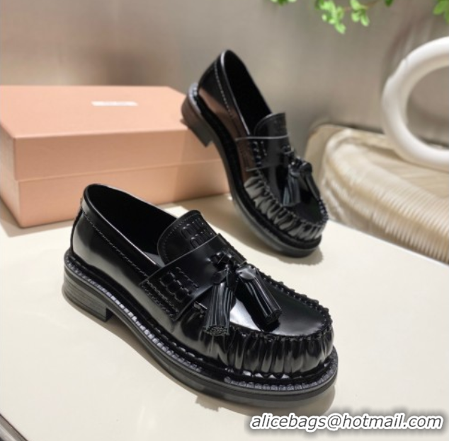 Good Quality Miu Miu Tassel Loafers in Polished Leather Black 2025 5D497E 1025003 2025