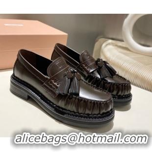 Shop Duplicate Miu Miu Tassel Loafers in Polished Leather Dark Brown 5D497E 1025004 2025