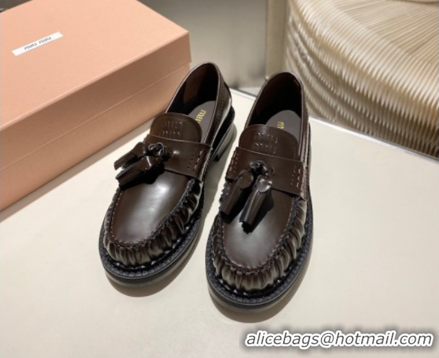 Shop Duplicate Miu Miu Tassel Loafers in Polished Leather Dark Brown 5D497E 1025004 2025