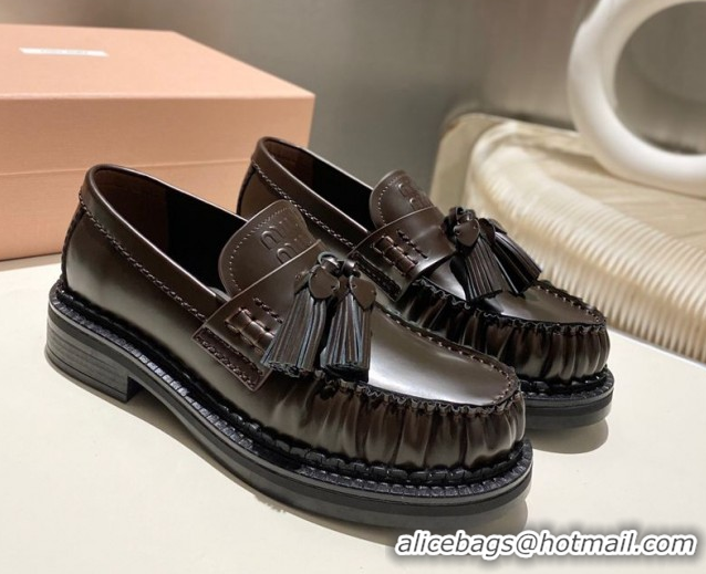 Shop Duplicate Miu Miu Tassel Loafers in Polished Leather Dark Brown 5D497E 1025004 2025