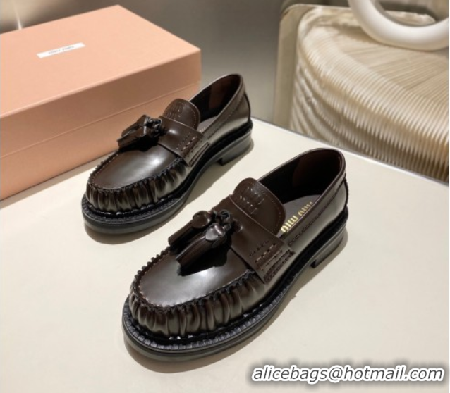 Shop Duplicate Miu Miu Tassel Loafers in Polished Leather Dark Brown 5D497E 1025004 2025