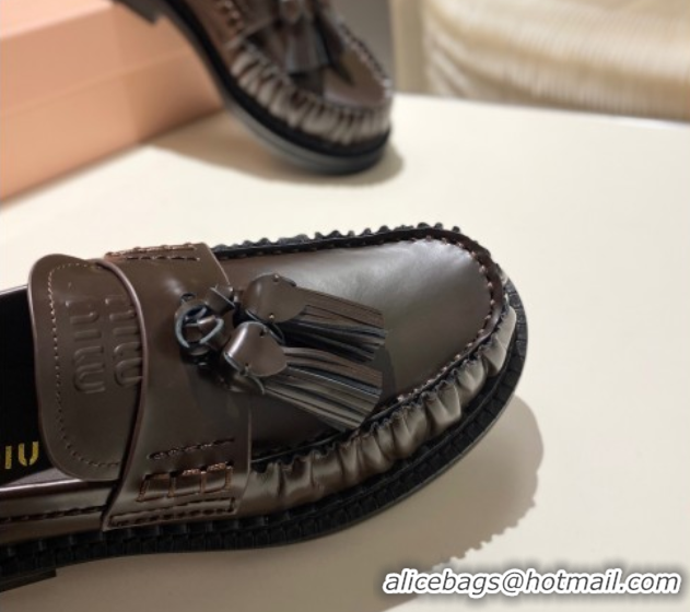 Shop Duplicate Miu Miu Tassel Loafers in Polished Leather Dark Brown 5D497E 1025004 2025