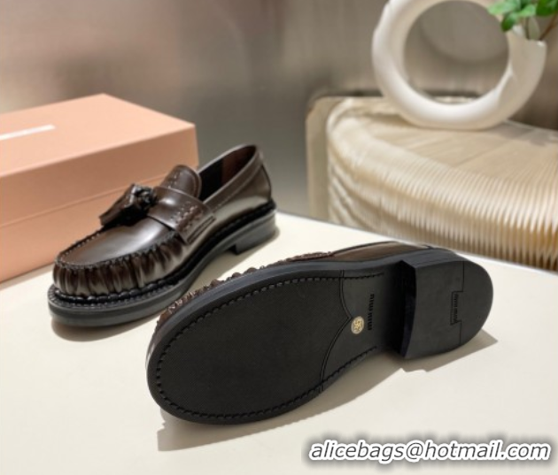 Shop Duplicate Miu Miu Tassel Loafers in Polished Leather Dark Brown 5D497E 1025004 2025