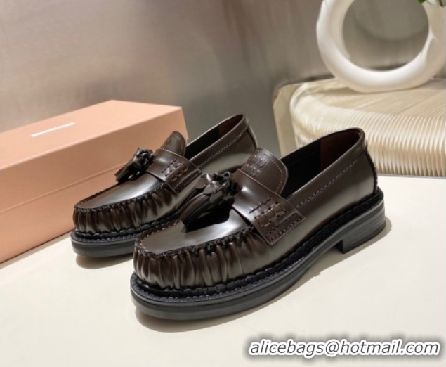 Shop Duplicate Miu Miu Tassel Loafers in Polished Leather Dark Brown 5D497E 1025004 2025