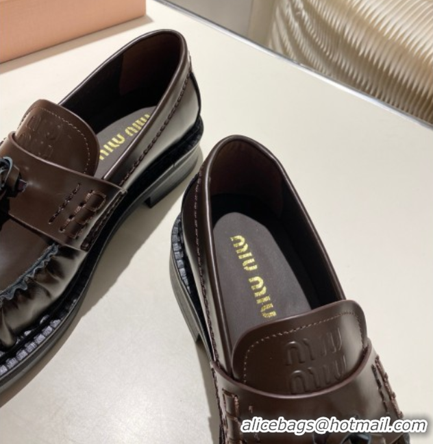 Shop Duplicate Miu Miu Tassel Loafers in Polished Leather Dark Brown 5D497E 1025004 2025