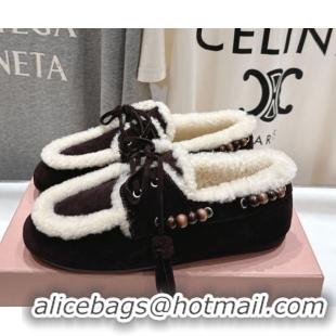 Top Design Miu Miu Tassel and Beads Loafers in Suede and Wool Dark Brown 5D518E 2025