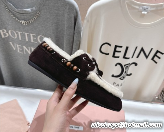 Top Design Miu Miu Tassel and Beads Loafers in Suede and Wool Dark Brown 5D518E 2025