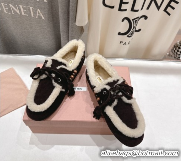 Top Design Miu Miu Tassel and Beads Loafers in Suede and Wool Dark Brown 5D518E 2025