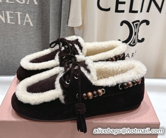 Top Design Miu Miu Tassel and Beads Loafers in Suede and Wool Dark Brown 5D518E 2025