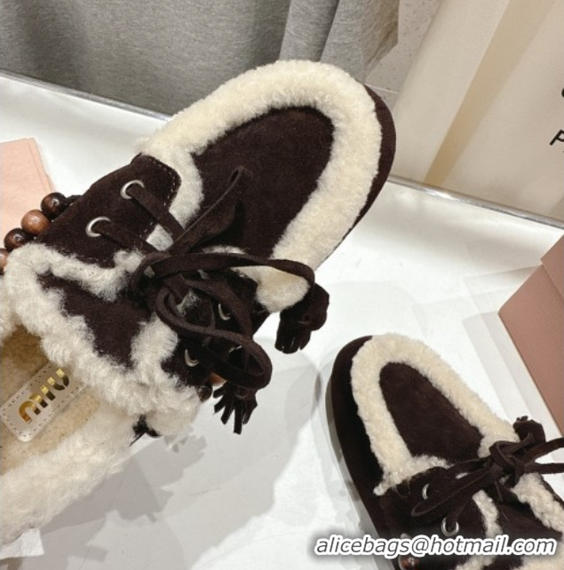 Top Design Miu Miu Tassel and Beads Loafers in Suede and Wool Dark Brown 5D518E 2025
