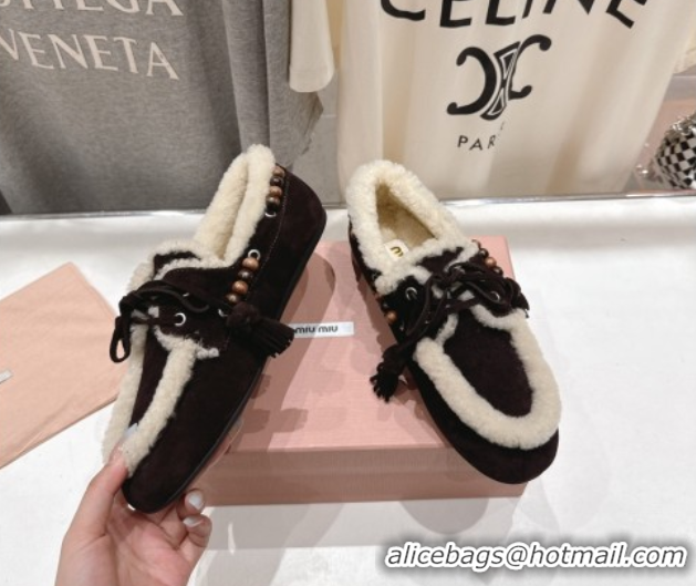 Top Design Miu Miu Tassel and Beads Loafers in Suede and Wool Dark Brown 5D518E 2025