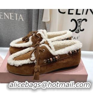 Cheap Price Miu Miu Tassel and Beads Loafers in Suede and Wool Brown2 5D518E 1025007 2025
