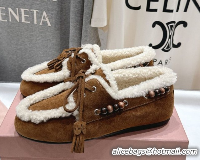 Cheap Price Miu Miu Tassel and Beads Loafers in Suede and Wool Brown2 5D518E 1025007 2025