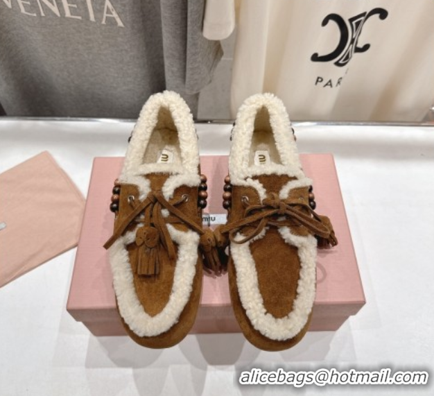 Cheap Price Miu Miu Tassel and Beads Loafers in Suede and Wool Brown2 5D518E 1025007 2025