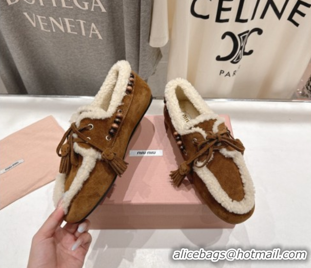 Cheap Price Miu Miu Tassel and Beads Loafers in Suede and Wool Brown2 5D518E 1025007 2025