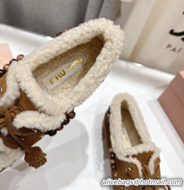 Cheap Price Miu Miu Tassel and Beads Loafers in Suede and Wool Brown2 5D518E 1025007 2025