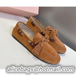 Stylish Miu Miu Tassel and Beads Loafers in Suede Leather Brown 5D518E 1025008 2025