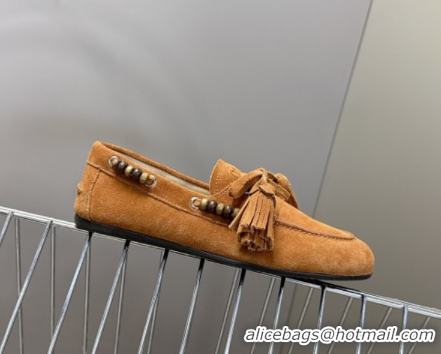 Stylish Miu Miu Tassel and Beads Loafers in Suede Leather Brown 5D518E 1025008 2025