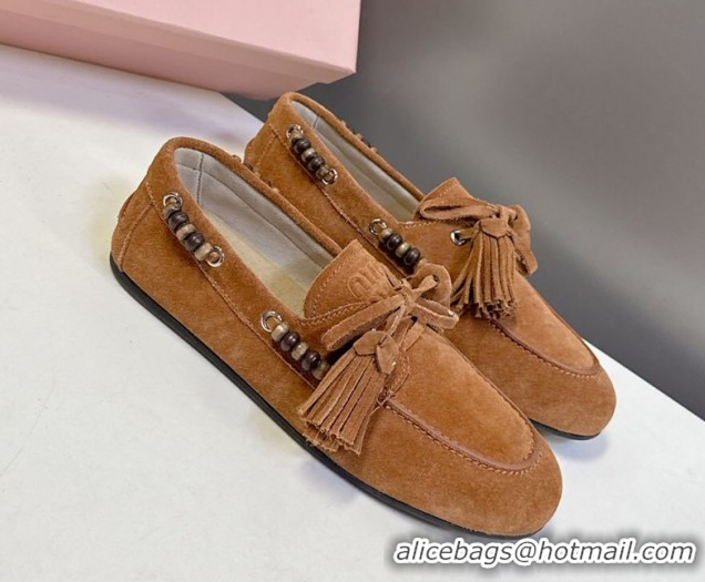 Stylish Miu Miu Tassel and Beads Loafers in Suede Leather Brown 5D518E 1025008 2025