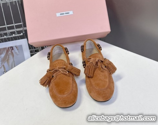 Stylish Miu Miu Tassel and Beads Loafers in Suede Leather Brown 5D518E 1025008 2025