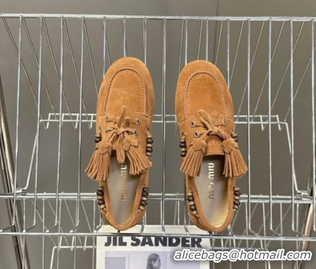 Stylish Miu Miu Tassel and Beads Loafers in Suede Leather Brown 5D518E 1025008 2025