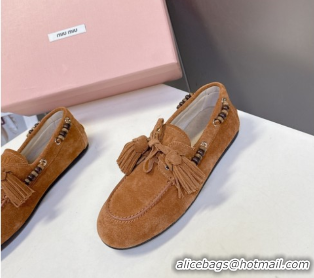 Stylish Miu Miu Tassel and Beads Loafers in Suede Leather Brown 5D518E 1025008 2025