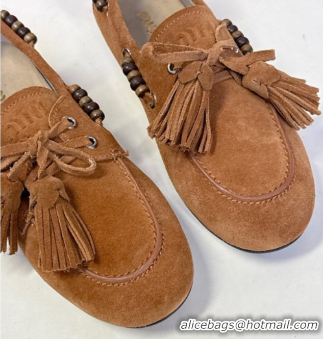 Stylish Miu Miu Tassel and Beads Loafers in Suede Leather Brown 5D518E 1025008 2025