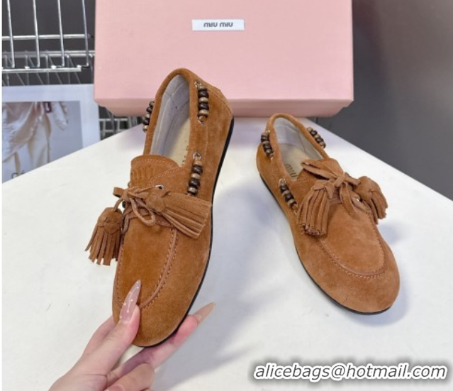Stylish Miu Miu Tassel and Beads Loafers in Suede Leather Brown 5D518E 1025008 2025