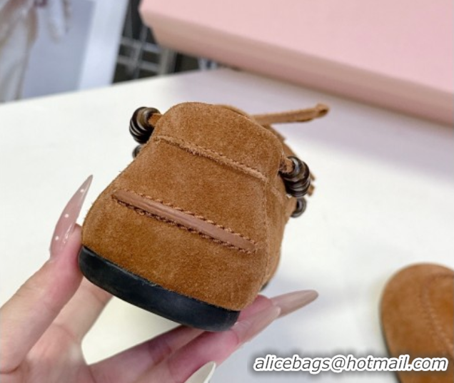 Stylish Miu Miu Tassel and Beads Loafers in Suede Leather Brown 5D518E 1025008 2025