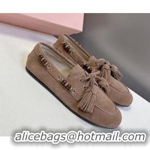 Best Grade Miu Miu Tassel and Beads Loafers in Suede Leather Beige 5D518E 1025009 2025