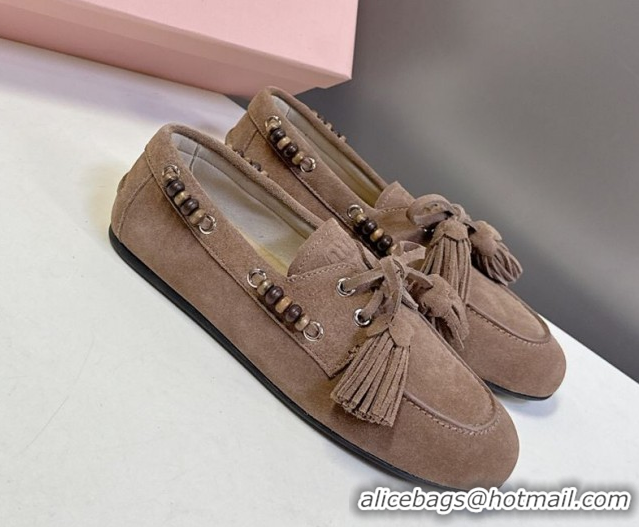 Best Grade Miu Miu Tassel and Beads Loafers in Suede Leather Beige 5D518E 1025009 2025