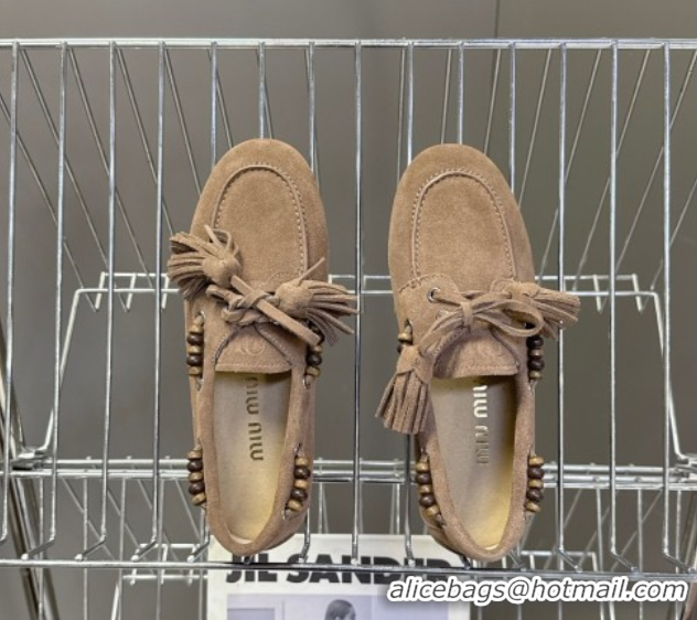 Best Grade Miu Miu Tassel and Beads Loafers in Suede Leather Beige 5D518E 1025009 2025