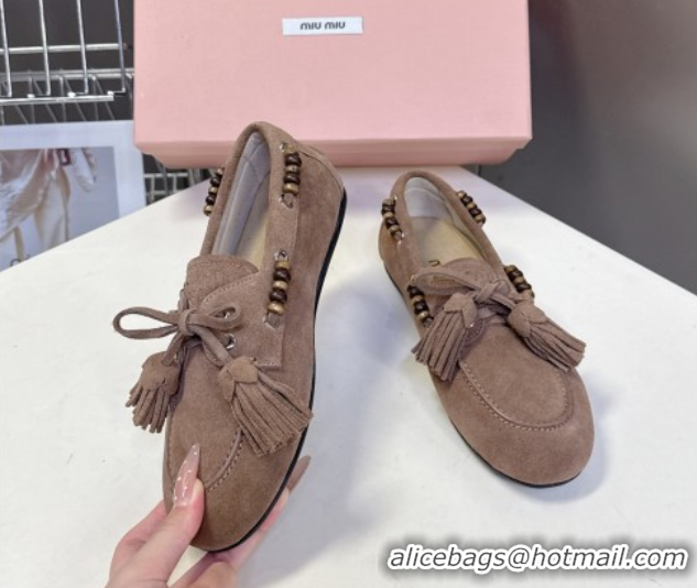 Best Grade Miu Miu Tassel and Beads Loafers in Suede Leather Beige 5D518E 1025009 2025