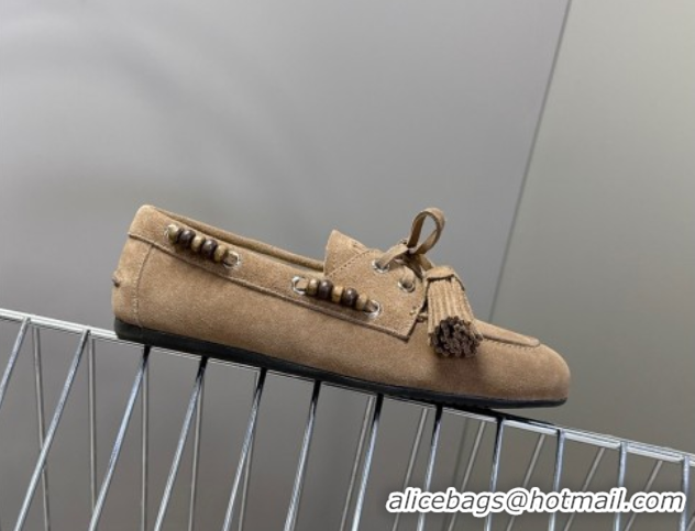 Best Grade Miu Miu Tassel and Beads Loafers in Suede Leather Beige 5D518E 1025009 2025