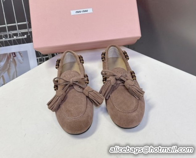 Best Grade Miu Miu Tassel and Beads Loafers in Suede Leather Beige 5D518E 1025009 2025