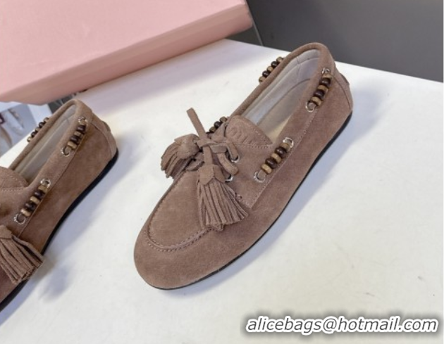 Best Grade Miu Miu Tassel and Beads Loafers in Suede Leather Beige 5D518E 1025009 2025