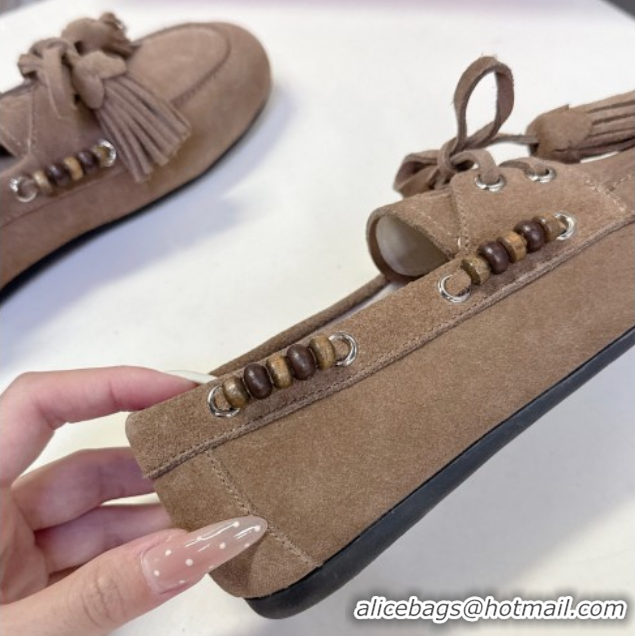 Best Grade Miu Miu Tassel and Beads Loafers in Suede Leather Beige 5D518E 1025009 2025