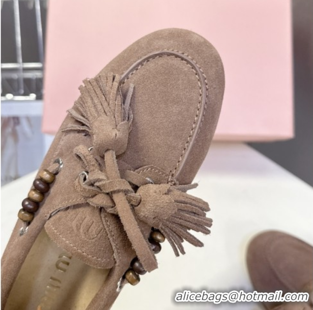 Best Grade Miu Miu Tassel and Beads Loafers in Suede Leather Beige 5D518E 1025009 2025