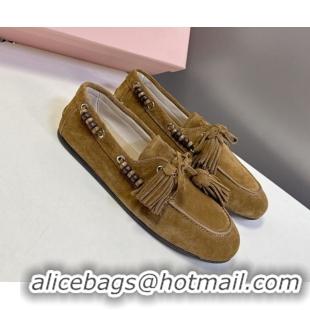 Lower Price Miu Miu Tassel and Beads Loafers in Suede Leather Olive Green 5D518E 1025010 2025