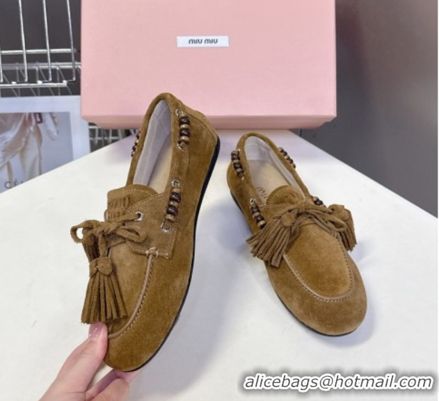 Lower Price Miu Miu Tassel and Beads Loafers in Suede Leather Olive Green 5D518E 1025010 2025