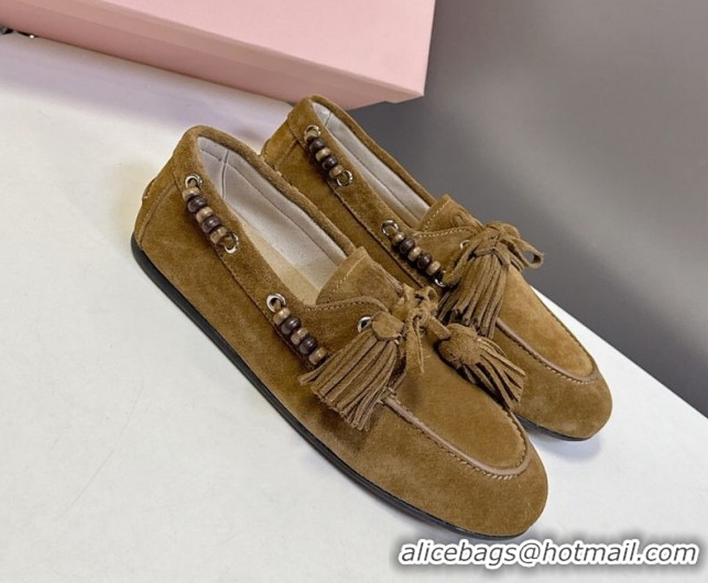Lower Price Miu Miu Tassel and Beads Loafers in Suede Leather Olive Green 5D518E 1025010 2025